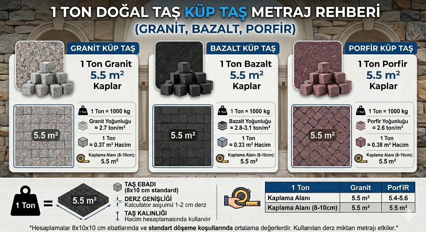 1 Ton Granit, Bazalt ve Porfir Küp Taş Kaç M2 Yer Yapar? Doğal Taş Metraj Rehberi