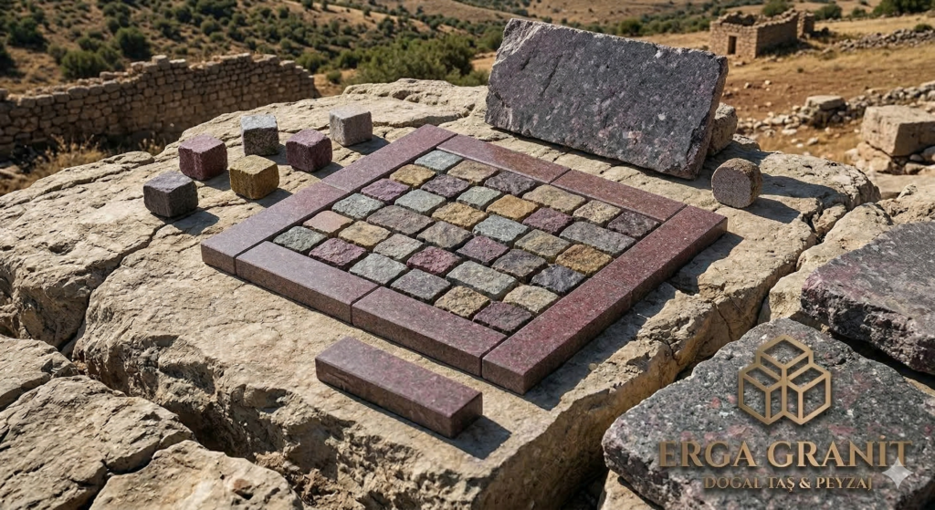 Doğal Dokulu Kırmızı ve Gri Porfir Küp Taşları