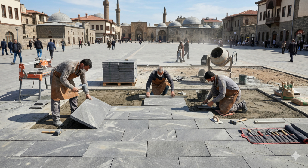 Patinatolu bazalt döşeme uygulaması